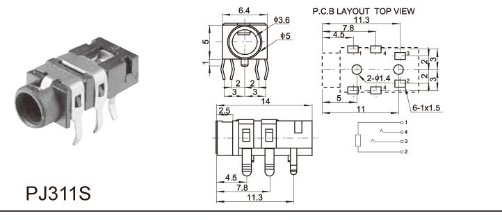 5/3.5/6.5耳机插座pj-311s插件式