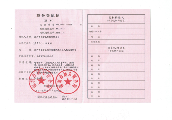 A copy of the tax registration certificate